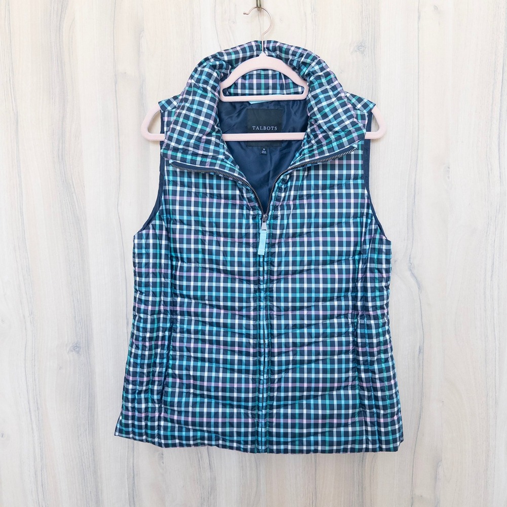 Talbots Womens Vest Size M Blue Green Plaid Puffer Down Fill Full Zip Preppy